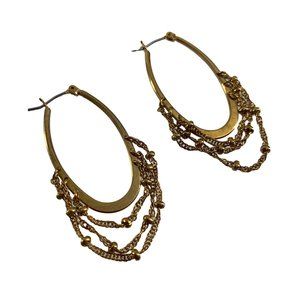Gold Tone Oval Hoop Earrings Chain Dangle Boho Hinge Closure 1.75" Long